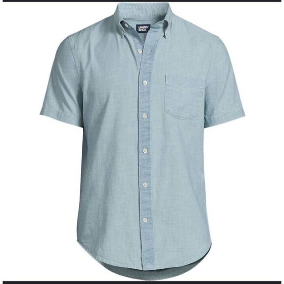 Land's End 100% Cotton Short Sleeve Collared Front Pocket Denim Sz M - Picture 1 of 5